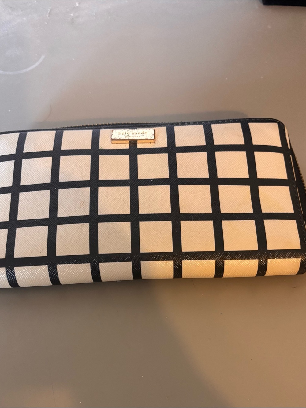 kate spade Cream and Black Grid Zip-Around Wallet
